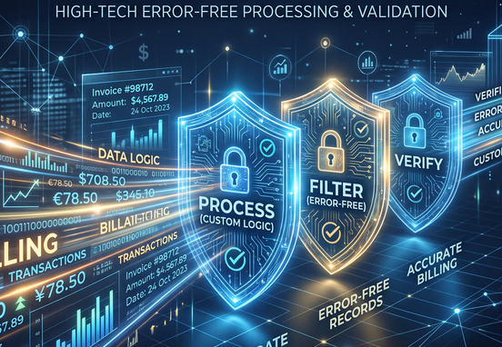 High-tech financial data stream passing through glowing security shields representing error-free custom billing logic with clean corporate design