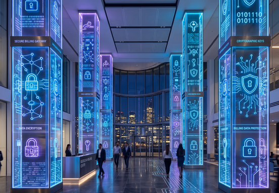 Glowing neon architectural pillars embedded with cryptographic keys and data locks representing secure billing architecture with modern enterprise look