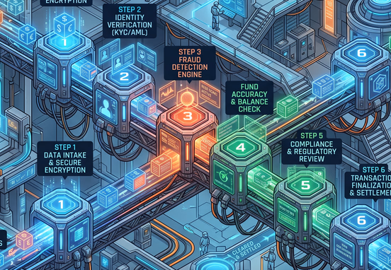 Futuristic automated financial validation pipeline processing transactions through step-by-step data check nodes in isometric view with tech style