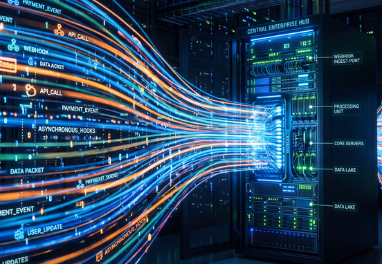 Dynamic digital data packets streaming seamlessly into a central enterprise server hub representing streamlined asynchronous webhooks
