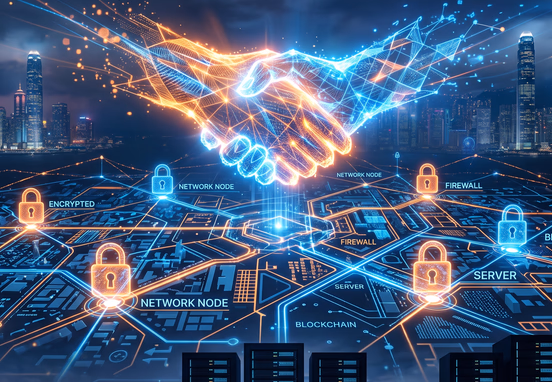 Glowing digital handshake over stylized cityscape map with networked connections, lock icons and server racks in cinematic blue and orange.