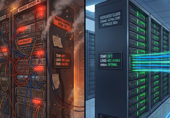 Split-screen showing crowded overheating shared server rack on left versus sleek dedicated cloud server with green cooling and data streams.