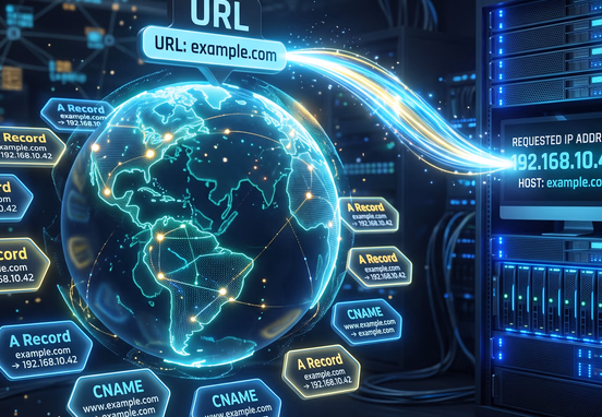 3D diagram with translucent globe and URL tag emitting light trail connecting to IP address on server monitor with A Record and CNAME tags.