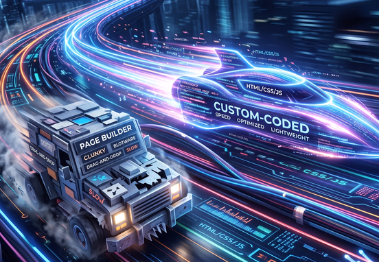 Sleek custom-coded website passing slow page builder on futuristic race track made of data cables with motion blur and glowing streamlines.