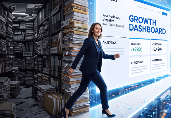 Business founder escaping dark paperwork maze into bright digital landscape dominated by glowing fast-loading minimalist webpage design.