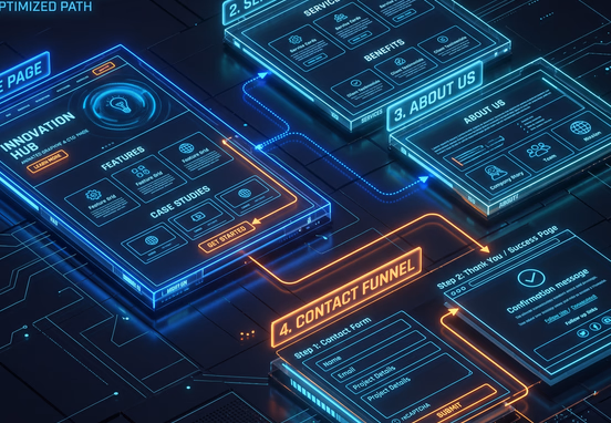 Futuristic 3D blueprint of core 4-page website architecture with optimized homepage and contact funnel wireframe on obsidian background.