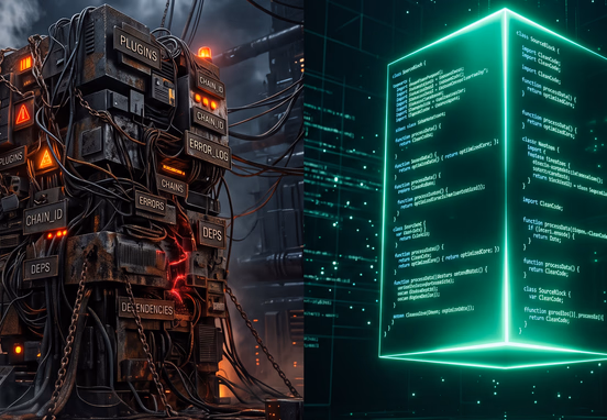 Side-by-side comparison of heavy cluttered digital structure with chains versus light sleek glowing emerald code lines in cinematic tech.