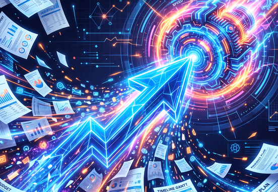 Stylized digital arrow blasting upward through budget sheets transforming scattered financial data into high-speed glowing neon engine core.