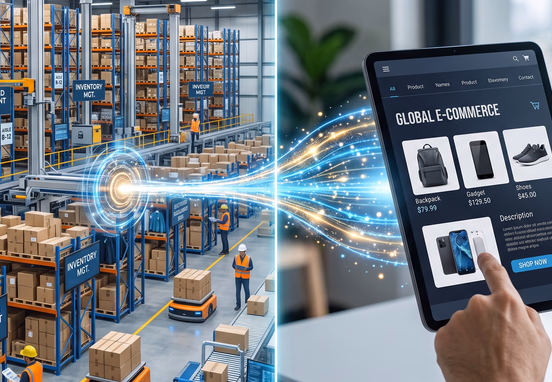Modern split screen showing a physical high-tech warehouse on one side and a sleek digital tablet e-commerce storefront on the other connected by glowing energy