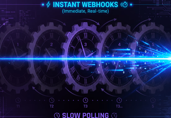 Abstract tech concept representing instant webhooks over slow polling showing a fast laser light piercing through slow faded clock gears