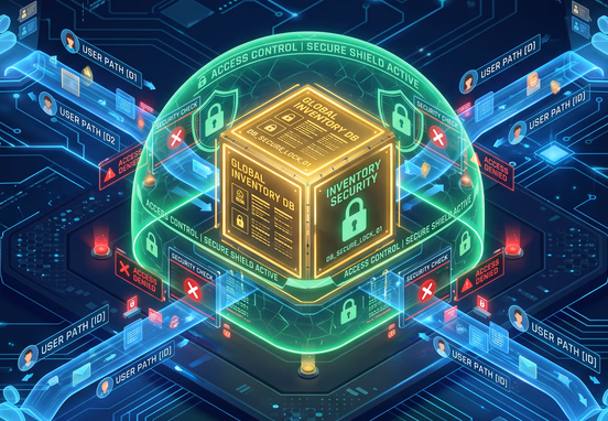 3D isometric representation of an inventory security lock showing multiple incoming user paths accessing a central golden database cube protected by shield