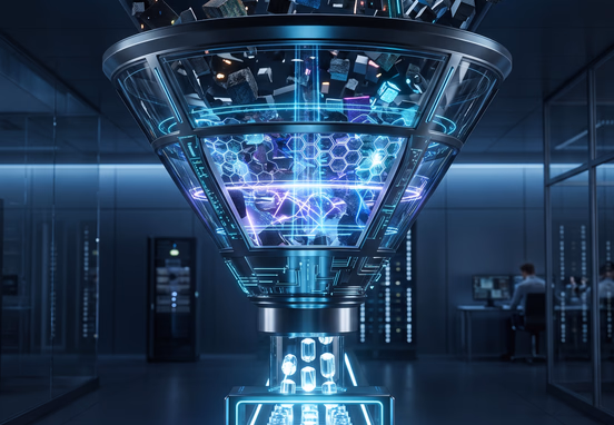 Digital data funnel processing messy unstructured blocks filtering them into perfectly aligned glowing crystal cylinders with clean tech aesthetic