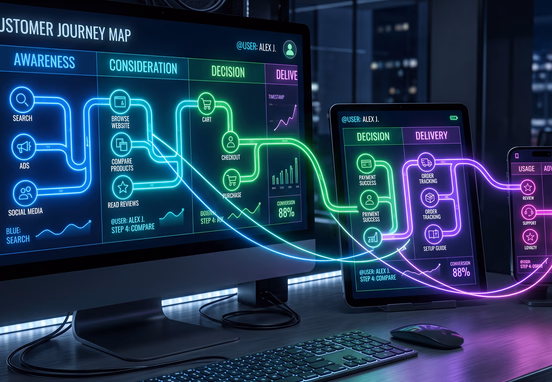 Multi-device user interface mesh visualizing customer journey with glowing neon data pipelines across desktop, tablet and smartphone screens.