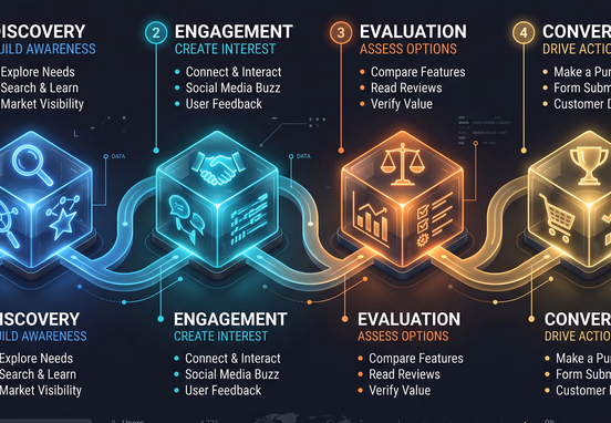 Infographic dashboard showing four glowing milestones for Discovery, Engagement, Evaluation and Conversion as elegant 3D nodes in dark mode.
