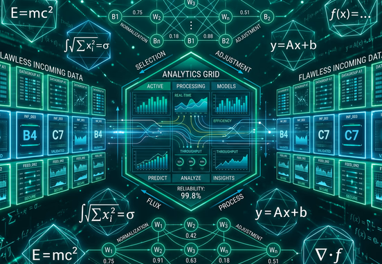 Mathematical models with weights floating alongside structured data blocks on sophisticated analytics grid with emerald green accents.