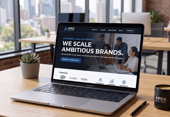 Sleek laptop on minimalist desk displaying optimized homepage with high-converting headline layout and clean user interface design.
