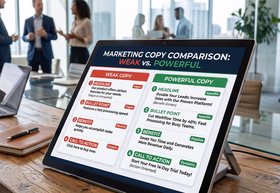 Professional tablet displaying split comparison graphic with weak versus powerful conversion-optimized marketing copy in bright corporate office.