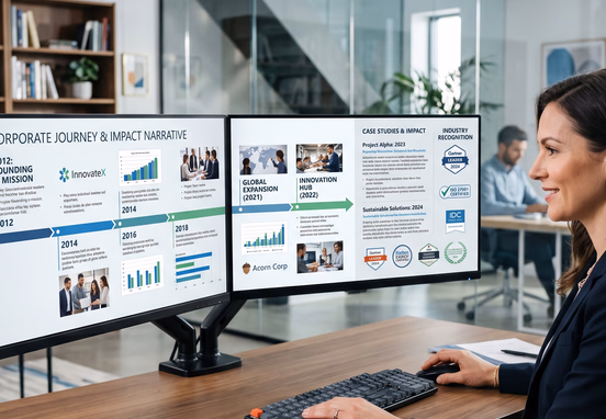 Corporate timeline narrative on dual-monitor layout with case studies and third-party authority badges in clean executive design studio.