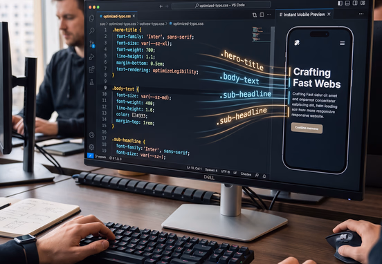 Fast-loading code editor with optimized typography stylesheet classes previewing on mobile website panel in technical development workstation.