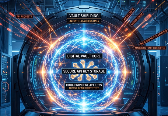 Glowing digital vault core shielding high-privilege API keys from unsecure application layers in sleek corporate tech aesthetic