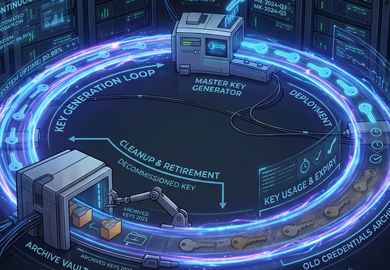 Automated pipeline seamlessly generating new master keys and archiving old credentials on a continuous cycle loop