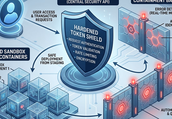 Hardened token shield integrated with isolated sandbox testing containers and automatic error containment barriers