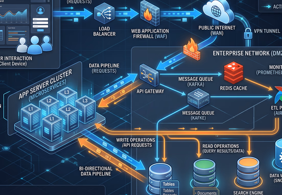 Enterprise network topology showing bi-directional data pipelines flowing seamlessly between a website UI and internal databases