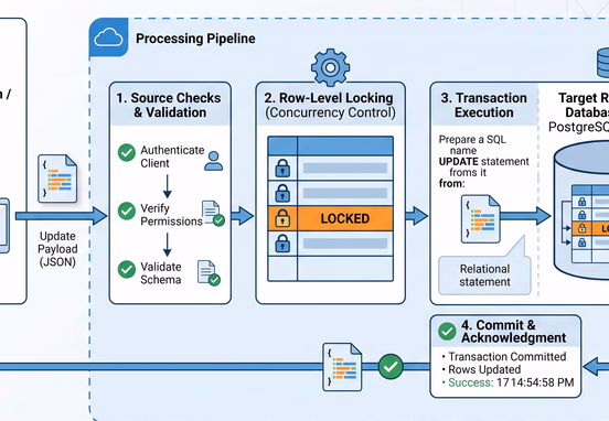 Technical data flow showing an update payload passing source checks and row-level locks before modifying a relational database