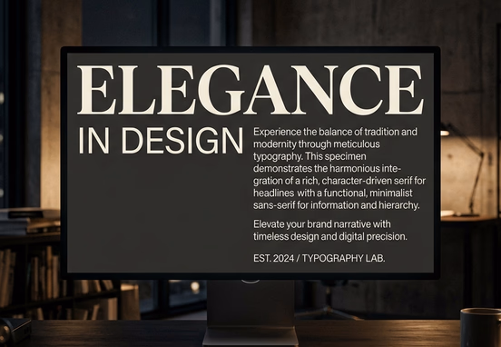 Elegant typography specimen with premium serif headline and clean sans-serif text on sleek display in modern corporate studio lighting.