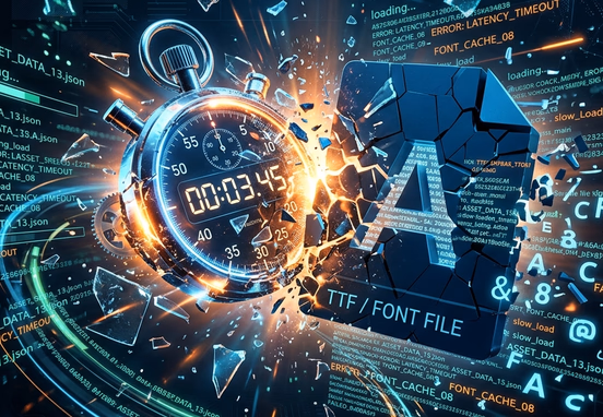 Glowing stopwatch shattering heavy font file surrounded by chaotic cloud of slow-loading asset data strings in dark high-tech.
