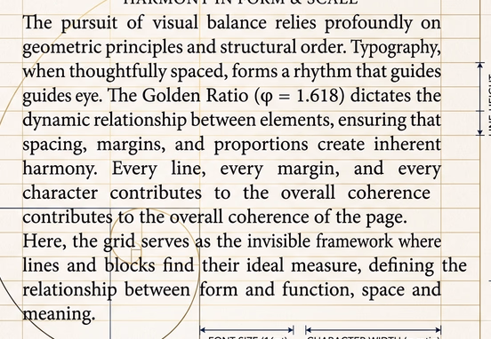 Geometric grid system overlaying beautifully spaced paragraph block with mathematical vectors measuring line-height and scale proportions.