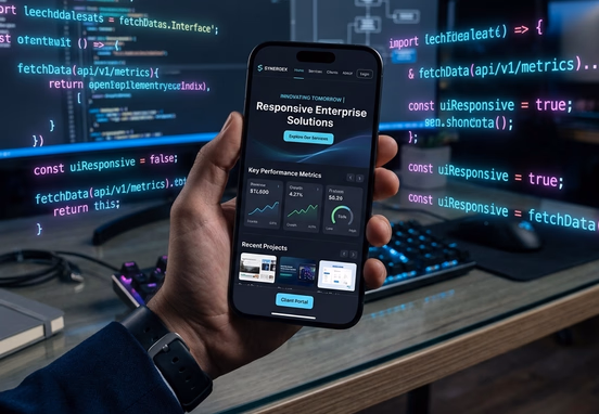 Modern smartphone displaying flawless ultra-responsive corporate website interface surrounded by neon code lines in tech workspace.
