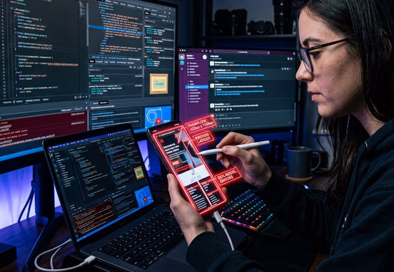 Developer using digital debugging tools on mobile screen fixing broken shifting layout with neon red overflow boundaries highlighted.