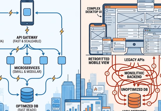 Side-by-side comparison matrix showing fast mobile-first lightweight architecture graph versus heavy cluttered desktop wireframe design.