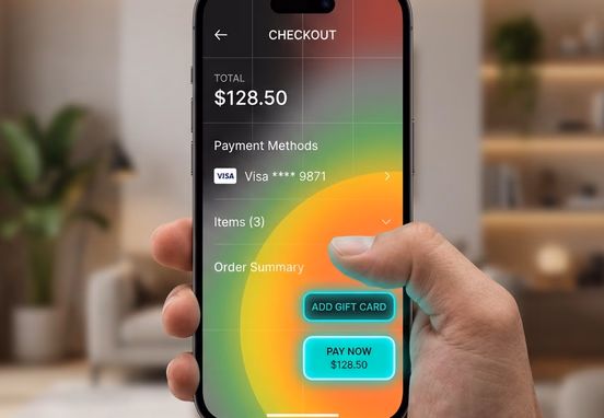 Ergonomic heat map of smartphone thumb zone with accessible primary transaction buttons in glowing teal minimalist design.