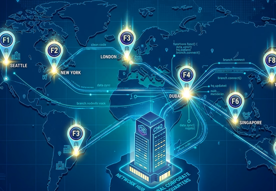 Styled digital map with glowing franchise locations connected via clean code infrastructure to central corporate headquarters vector art.