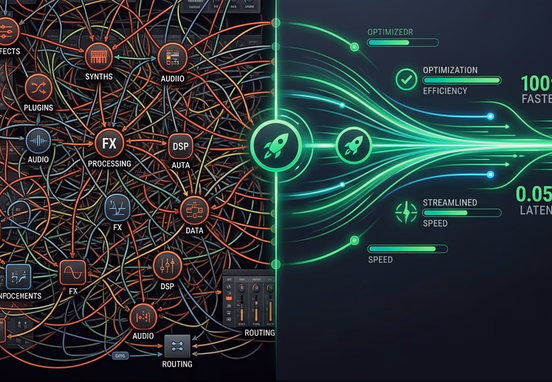 Split comparison of chaotic plugin web versus clean streamlined pathway with green performance optimization indicators minimalist design.