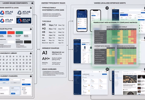 Architectural design system with locked brand components, unified typography rules and accessibility compliance matrices layout.