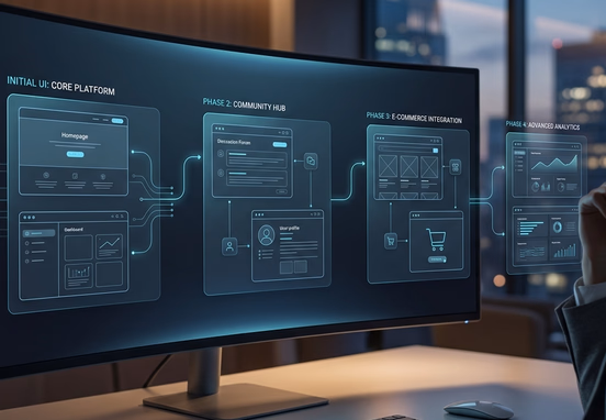 Elegant digital website roadmap layout expanding with new feature modules in minimalist corporate tech style cinematic office.