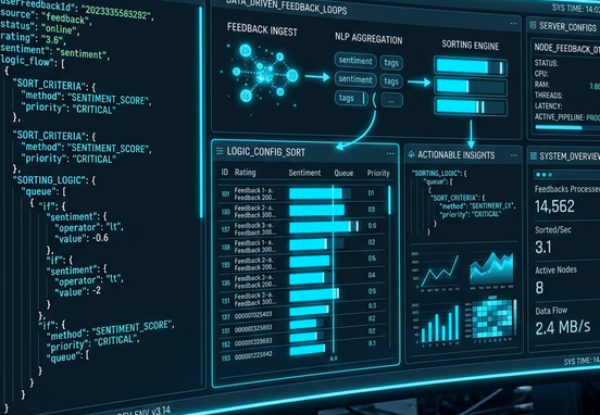 Futuristic developer environment displaying structured JSON logic and server configurations processing data-driven user feedback loops.