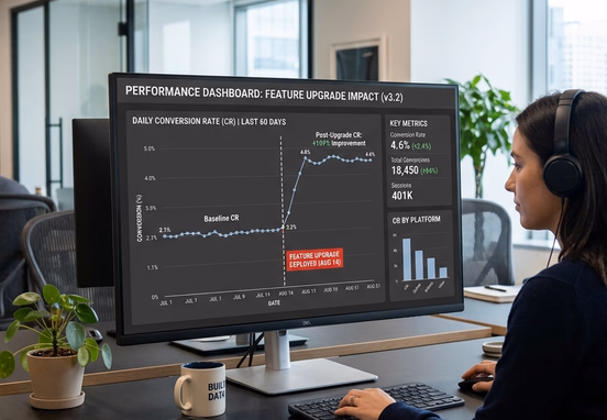Professional data visualization screen tracking upward conversion rate shift after website feature upgrade in minimalist tech office.