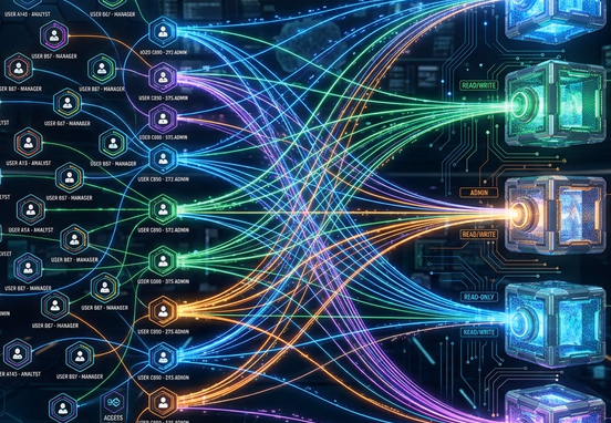 Intricate digital network architecture showing abstract user profiles linking to specific data vaults through glowing colored permission pathways