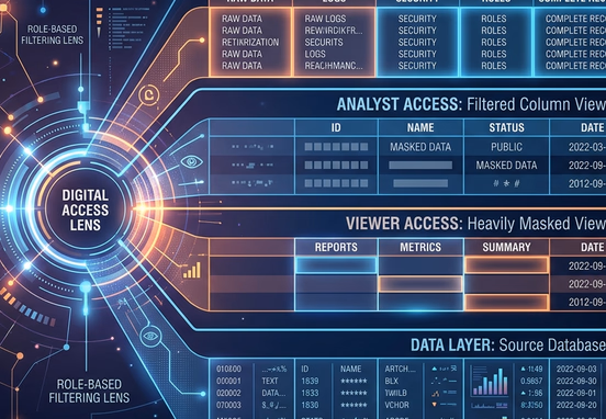 Conceptual database split into clean horizontal layers with data columns being masked and filtered through a digital lens based on user role