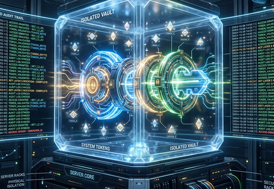 Glowing multi-layered key system protecting system tokens within an isolated server environment featuring an automated audit trail background