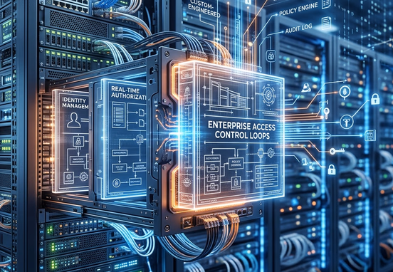 Architectural blueprint blocks fitting perfectly into a modern cloud server system representing custom-engineered enterprise access control loops
