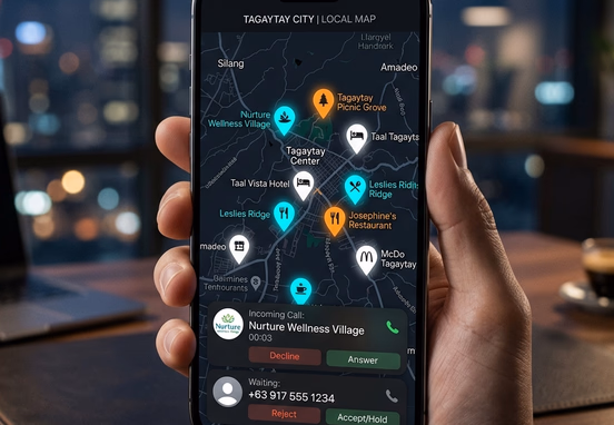 Premium smartphone displaying local map with glowing business pins and incoming phone call notifications in sleek digital marketing style.