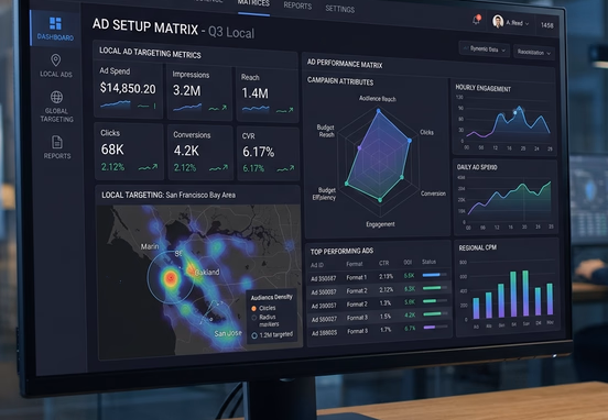 Dark-themed dashboard showing ad setup matrix with geometric graphs and precise local targeting metrics in high-tech corporate design.