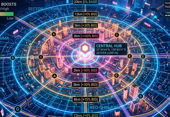 Digital city map with multi-layered target radius rings radiating from office hub showing bidding adjustment data in cyberpunk style.