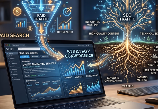 Dual marketing strategy showing paid search ad engine and organic SEO root system converging on laptop in elegant tech design.