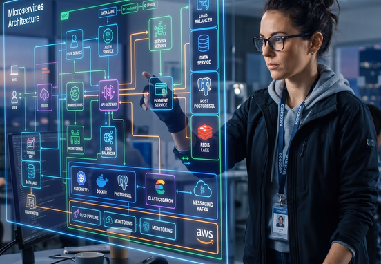 Professional developer analyzing vibrant complex software stack diagram displayed on holographic screen for advanced system architecture